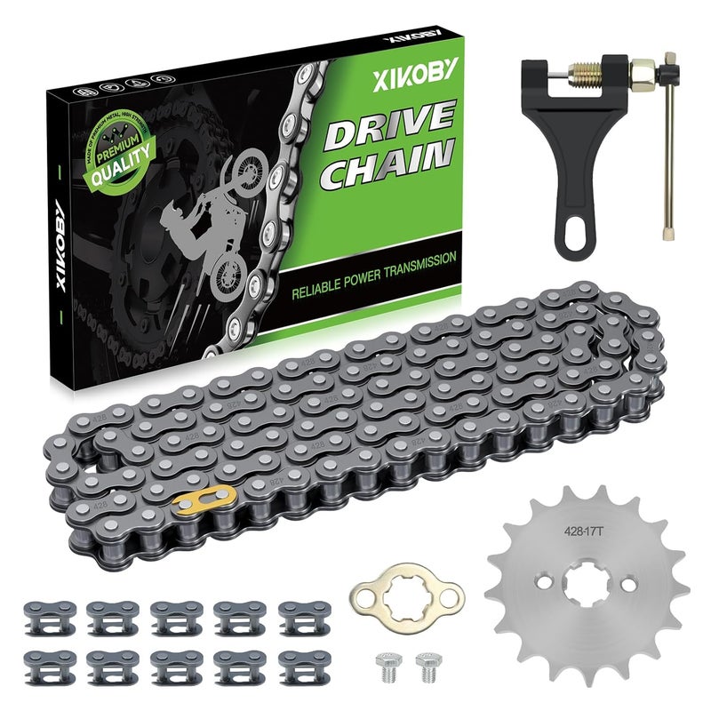XIKOBY 428 Drive Chain 102 Links with 17T Front Engine Sprocket Compatible with 110cc 125cc 50cc 90cc CRF50 XR50 YZ80 TTR Tao tao Coolster Pit Dirt Bike Vitacci Kazuma ATV Quad 4 Wheeler Go Kart Parts - Image 1